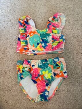 Kids Tropical Floral Ruffle Two-Piece Swimsuit - Multicolor